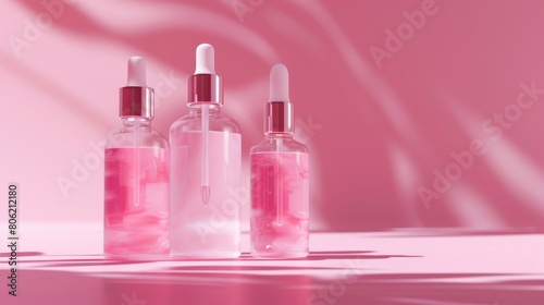 Three bottles of pink liquid with silver tops are arranged in a row on a pink surface. The bottles are partially transparent, so you can see the liquid inside. There is a pink background with shadows.