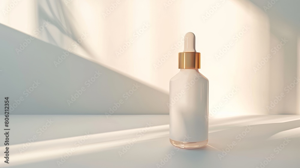 A small white bottle with a gold lid is sitting on a white surface. There is a shadow of a plant on the background. A small white bottle with a gold lid is sitting on a white surface. There is a shadow of a plant on the background.