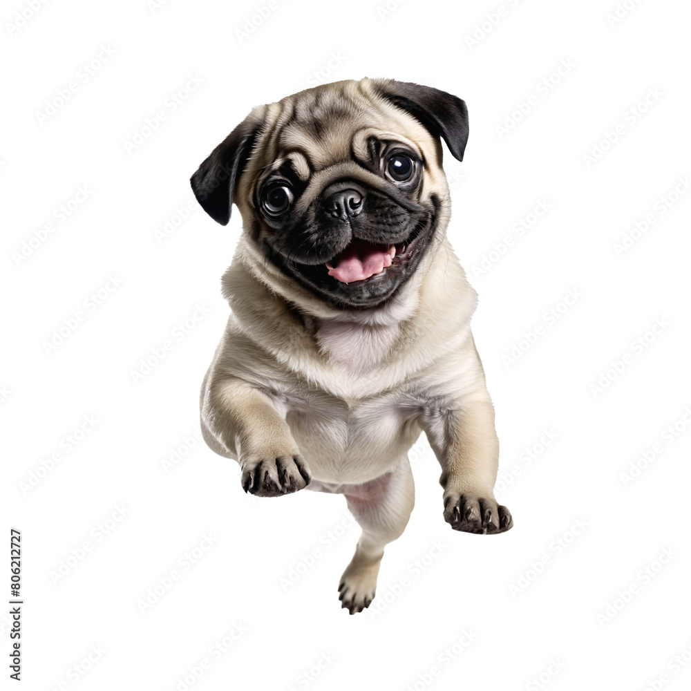 pug dog jumping and running isolated transparent
