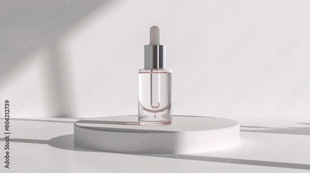 A clear glass dropper bottle with a silver lid is sitting on a small round platform. There is a white background with shadows from the bottle and platform. A clear glass dropper bottle with a silver lid is sitting on a small round platform. There is a white background with shadows from the bottle and platform.
