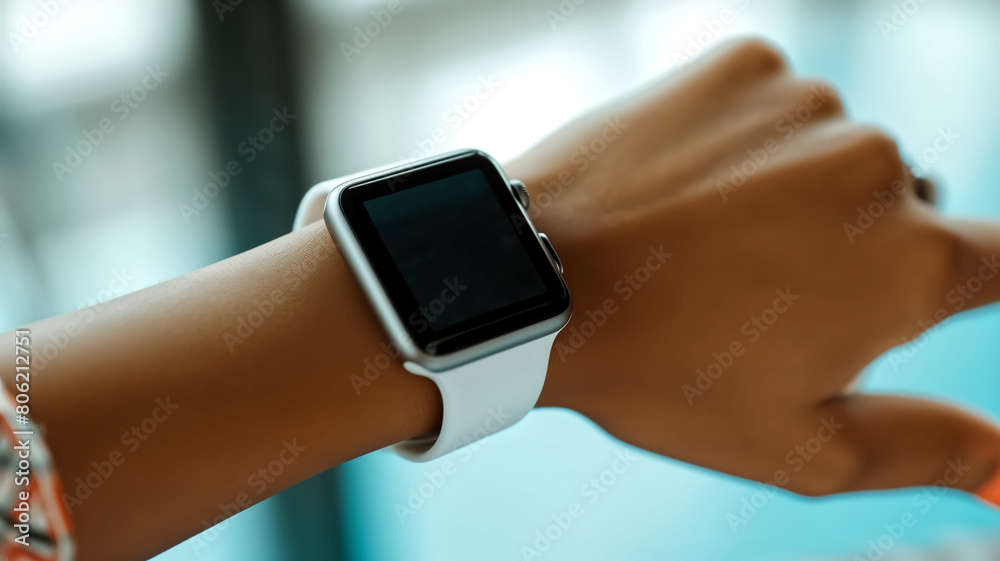 Detailed view of a modern smartwatch on a person's wrist, highlighting its sleek design and potential technological features.
Detailed view of a modern smartwatch on a person's wrist, highlighting its sleek design and potential technological features.