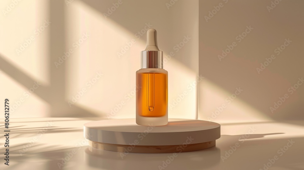 A small amber glass bottle with a silver dropper cap is sitting on a round podium against a beige background with soft shadows. A small amber glass bottle with a silver dropper cap is sitting on a round podium against a beige background with soft shadows.