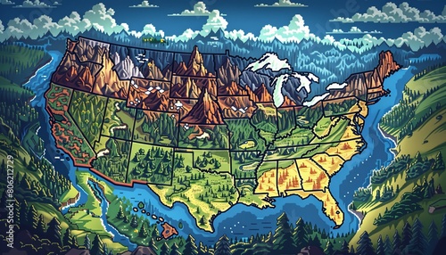 state map of America  USA Bring to life Frontal View State Maps in pixel art  infusing retro charm with modern creativity  Craft each state with vibrant colors and pixel-perfect detail 