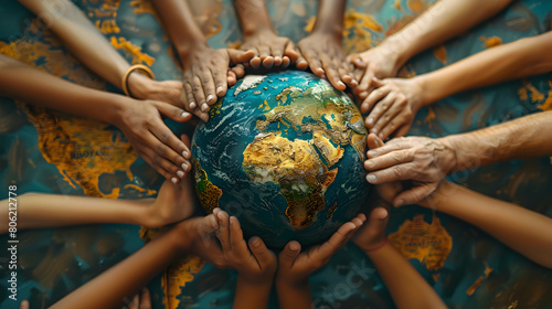 Global Unity and Cooperation: Multicultural Hands Forming Circle around Earth Model photo