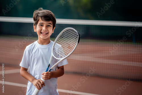 A young boy is holding a tennis racket and smiling. He is standing on a tennis court. © Favio