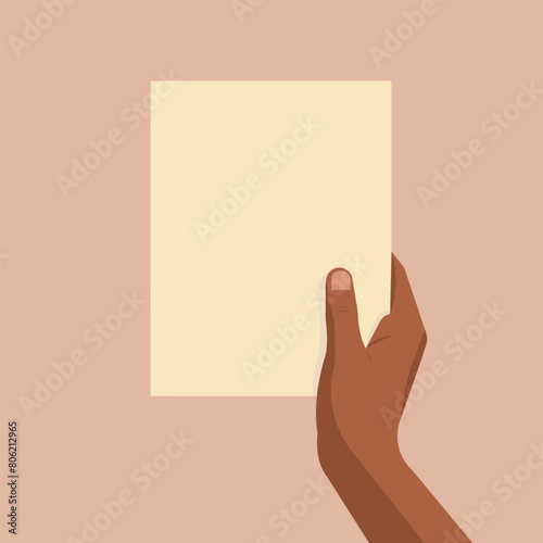 Vector flat illustration of a dark-skinned hand holding a blank white sheet of paper. Flatlay.
