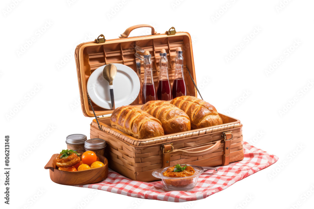 Picnic basket full of fresh delicious croissants and jars of jam.
