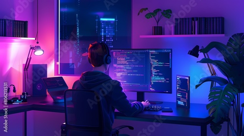 Coder immersed in a neon lit late night programming session