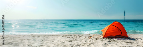 Beach tent pole bag web banner. Beach tent pole bag isolated on ocean background with copy space.