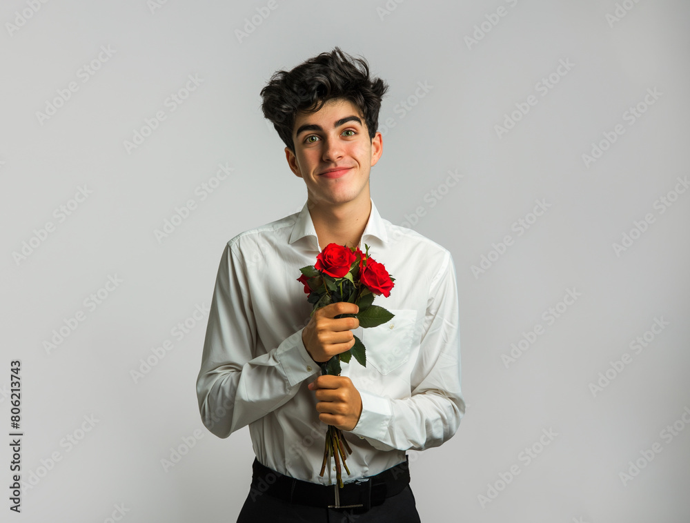 Young man falls in love holding a bouquet of red flowers on white background Young man falls in love holding a bouquet of red flowers on white background