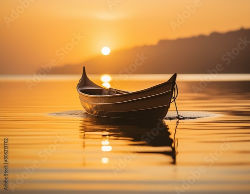 Small boat on calm water while the setting sun creates a golden bokeh effect on the ocean’s surface