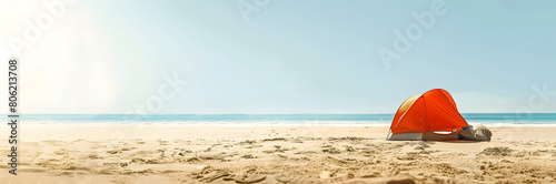Beach tent pole bag web banner. Beach tent pole bag isolated on sandy background with copy space.