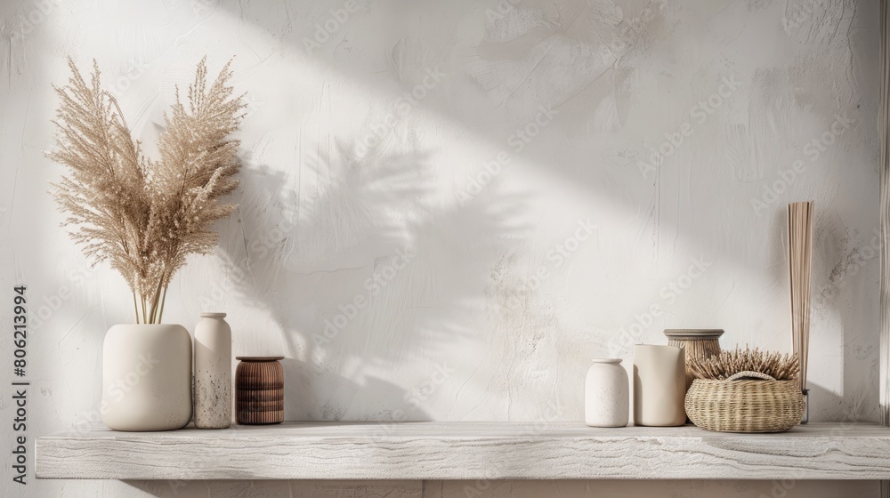 Obraz premium Wall mockup with decoration accessories, White wall and cement shelf.