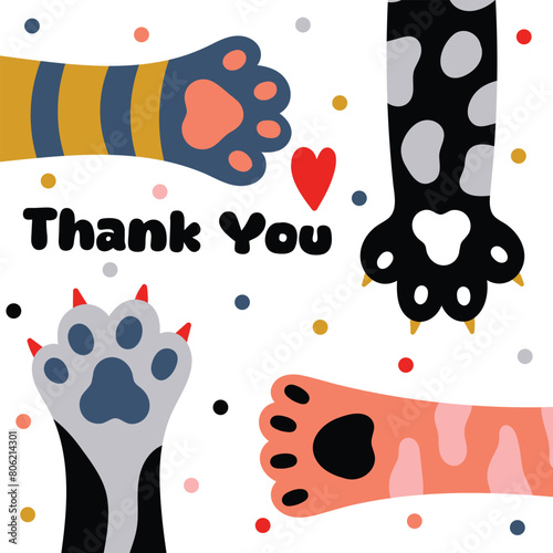 Thank you card template. Cute cat paws card.Vector illustration. © vyazovskaya