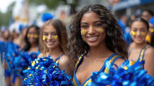 Young and cheerful interracial cheerleaders pose in a row
