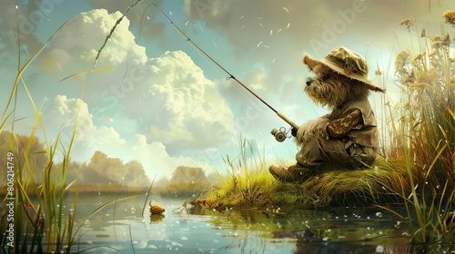 A dog in a hat with a fishing rod sits and fishes at the lake AI generative photo