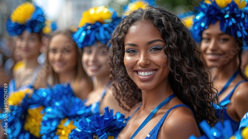 Young and cheerful interracial cheerleaders pose in a row photo
