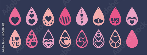 Set of vector teardrop designs for earrings, pendant or keychain with hearts. Love jewelry silhouette cut template. Laser cutting with leather, wood or metal. Beautiful hanging bijouterie
