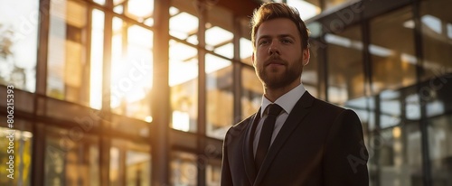 a good look business man wearing an elegant black suit standing confidently inside a modern office building, with sunlight through the windows. generative AI