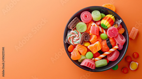 Top view of A bowl full of halloween candy sweets on an orange background