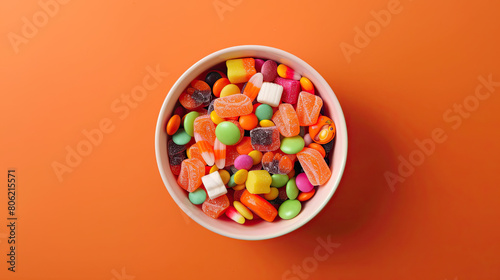 Top view of A bowl full of halloween candy sweets on an orange background