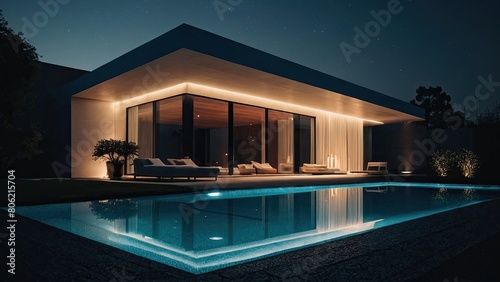 modern minimalist house with swimming pool at night