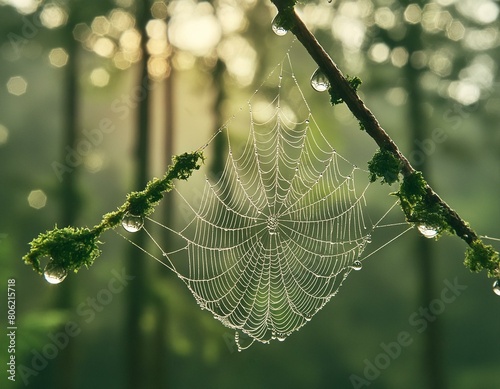 Dew drops hanging from a spider web with a backdrop of a sunlit forest