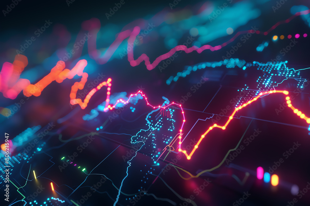 Stock market digital graph on a dark background with vivid glowing trendlines, representing the world of trading, investment strategies, and financial data