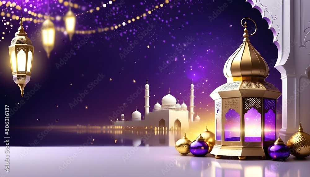 Fototapeta premium Eid mubarak background with lantern lights of different colours and behind it eid celebrations mosque and beautiful view