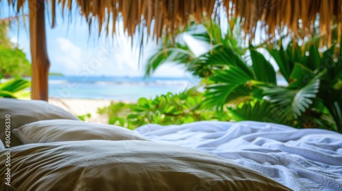 Macro shot of a bed under a thatched roof on a tropical island, exotic and isolated © AI Farm