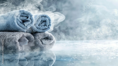 Macro shot of a steaming hot towel on a cold, frosty surface, relaxing spa contrast