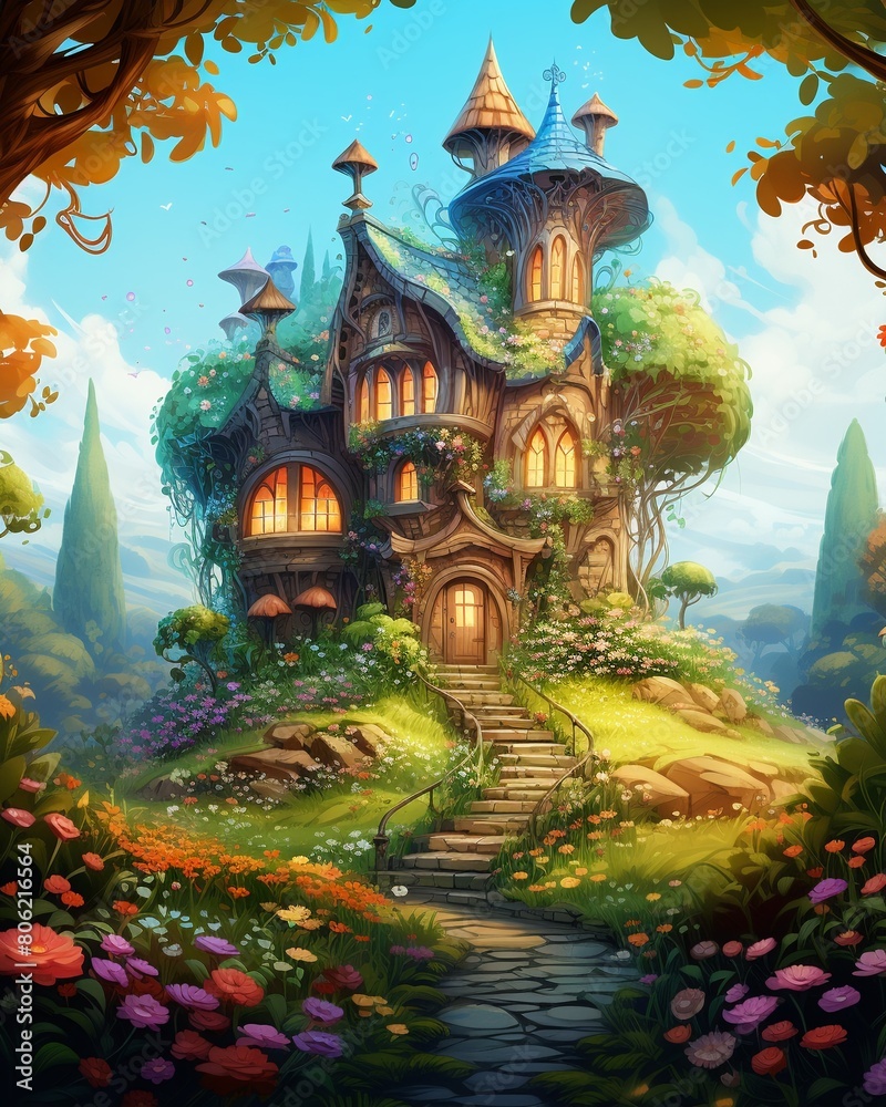 Playful, highresolution vector of a house with a heartshaped window surrounded by a fairytale garden, vivid colors ,  high resolution