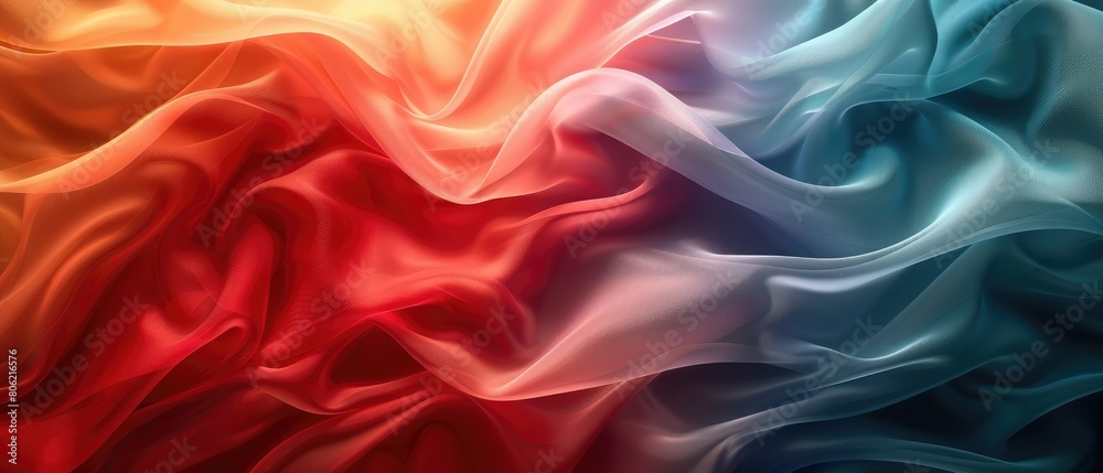 Fototapeta premium Abstract waves in silk, colored with red, green, and blue, form an elegant and gentle backdrop
