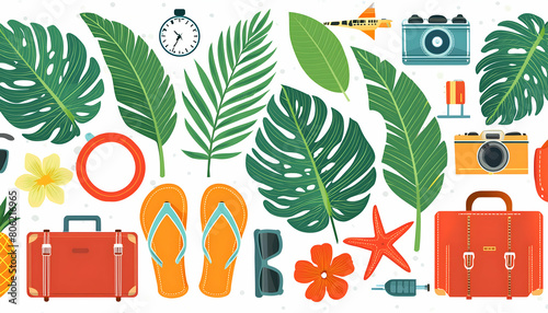 Collection Set of items for vacation or journey decorated by tropical leaves on digital art concept, Generative AI. photo