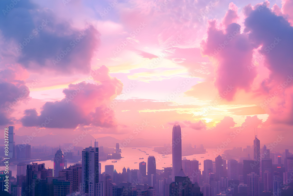 Pastel Sunset Over the City-Scape: A Serene Blend of Modern Architecture & Soft Dreamy Tumblr Aesthetics
