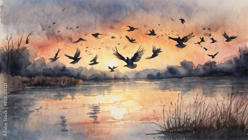 A watercolor painting of flock of birds flying-over-a-rive A watercolor painting of flock of birds flying-over-a-rive