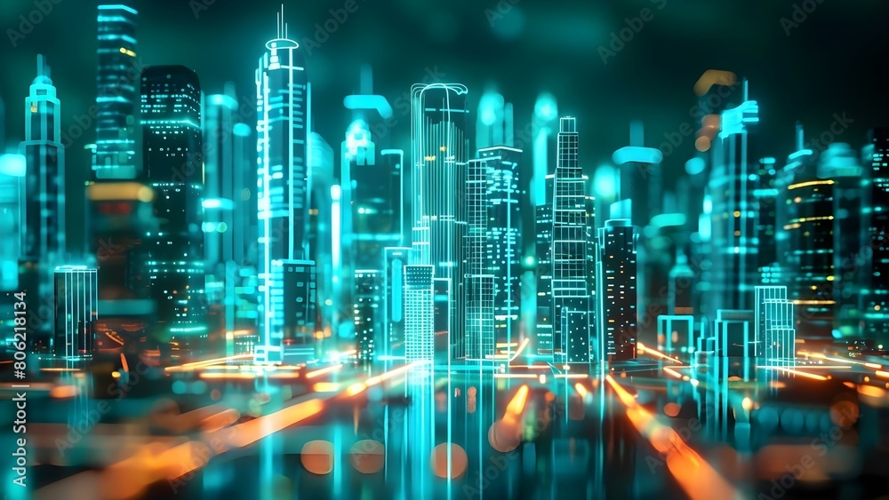 Vibrant 3D neon cityscape illustrating digital infrastructure and urban development. Concept Neon Cityscape, Digital Infrastructure, Urban Development, Vibrant 3D Illustration, Technology Integration