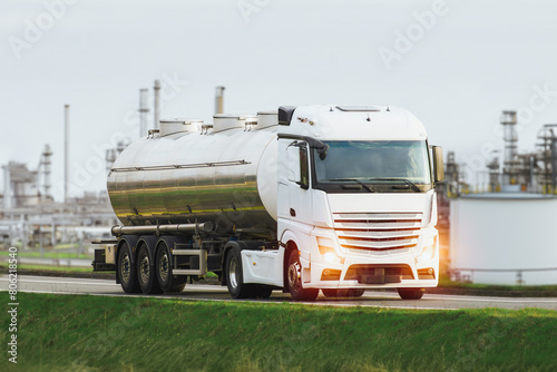 Stainless Steel Tanker Truck on the Road with Oil Refinery in the Background