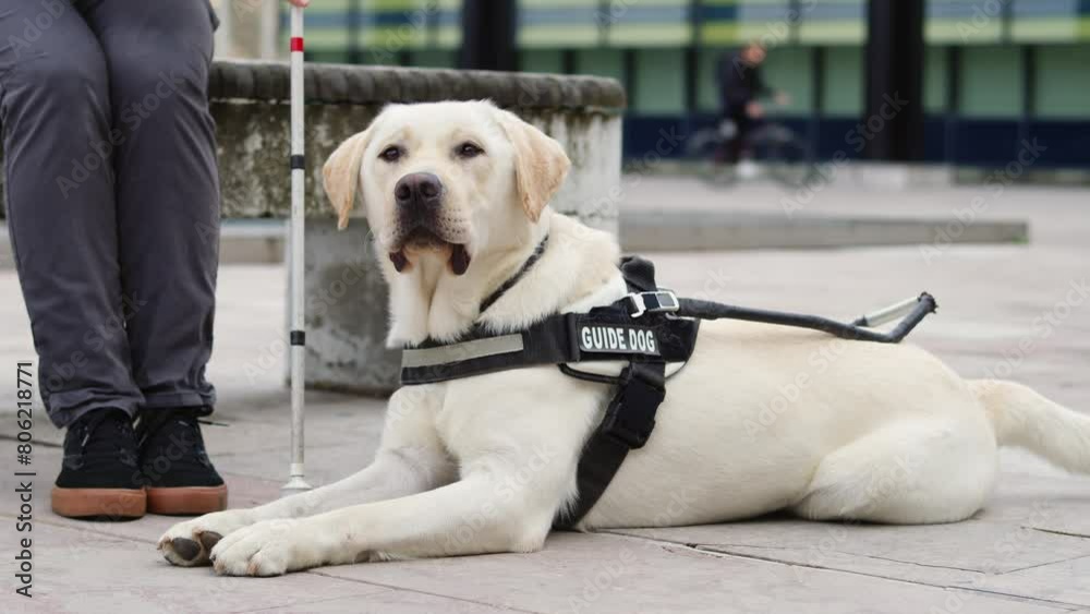 Guide dog sitting next to his female handler with a white cane during a city walking break, close up shot. Mobility aid and companionship concepts. Guide dog sitting next to his female handler with a white cane during a city walking break, close up shot. Mobility aid and companionship concepts.