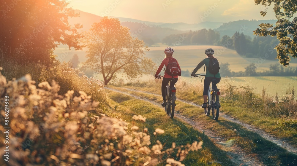 couple riding bicycles through a scenic countryside  