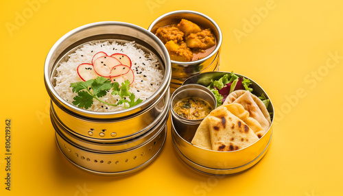 An indian tiffin with maharashtrian food menu like roti, dal tadka, white rice and potato ,cauliflower sabji with salad photo