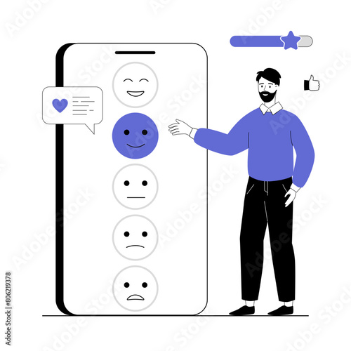 Customer feedback. Man choosing smile with good emotion for client experience evaluation. Vector illustration with line people for web design.