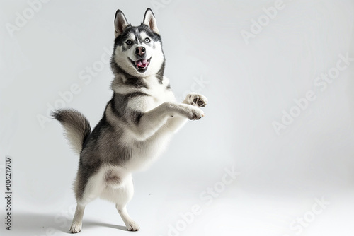 Happy Siberian husky dog standing on hind legs and dancing , isolated over a white background. Sled dog isolated. White background