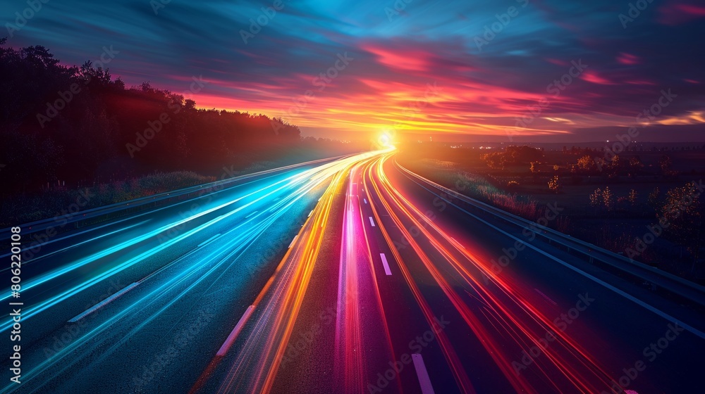 Highspeed light trails on a highway at night with vibrant colors