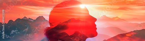 a beautiful and unique illustration of a woman's head in silhouette with a double exposure of a mountain landscape with a sunset