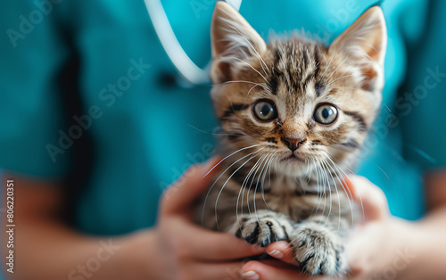 Close-up portrait of cute cat in the hands of a veterinarian. Concept of animal treatment, pet care
