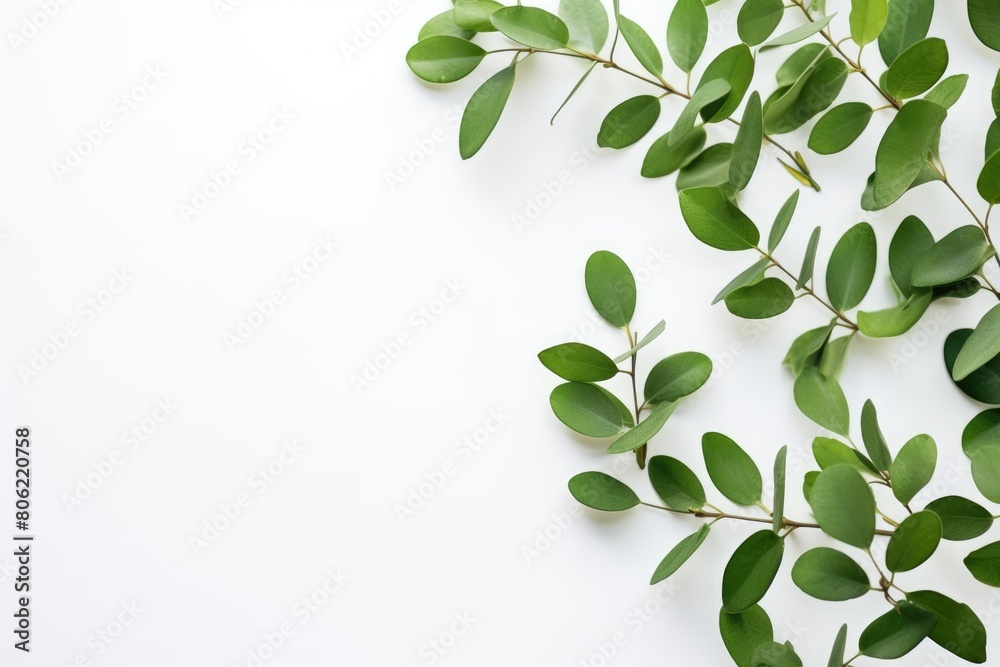 Obraz premium A simple and clean arrangement of green leaves on a white background, signifying freshness, nature, or growth. Minimalistic Green Leaves on White Background