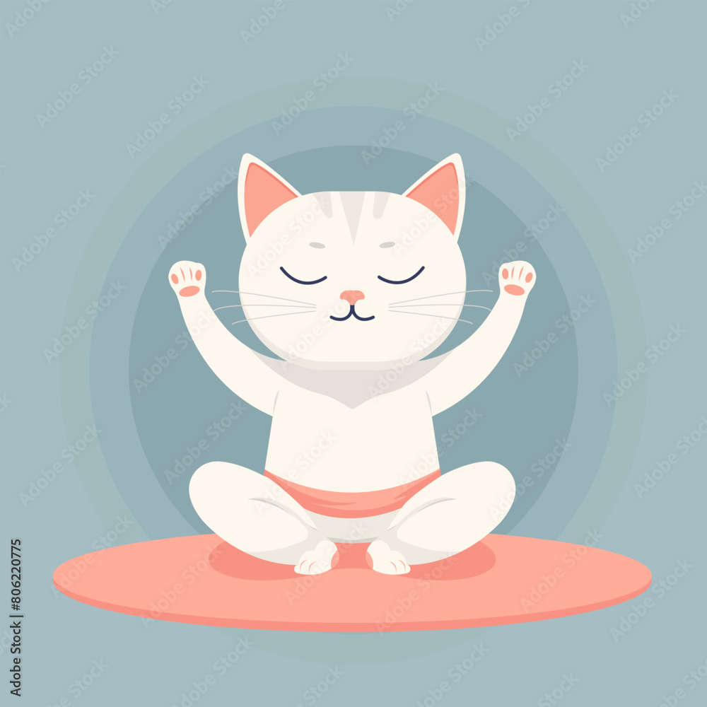 Vector flat cartoon illustration of a cute cat doing yoga in the lotus position.
Vector flat cartoon illustration of a cute cat doing yoga in the lotus position.
