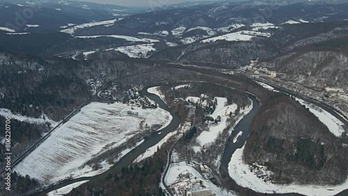 Aerial view of the Poprad Landscape Park in Beskid Sadecki on a sunny,december day.