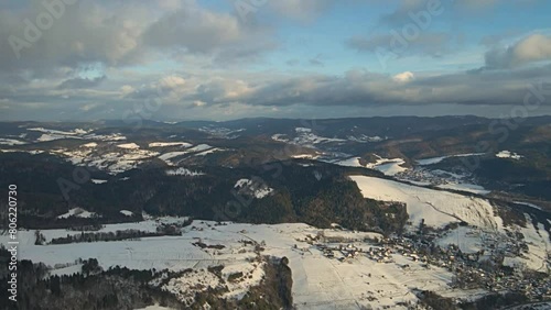 Aerial view of the Poprad Landscape Park in Beskid Sadecki on a sunny,december day.